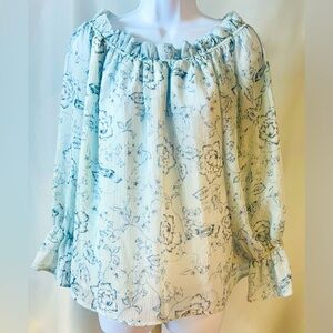 Belle + Sky Floral Pale Blue Sheer Off Shoulder Peasant Blouse Bodice Lined Sz L